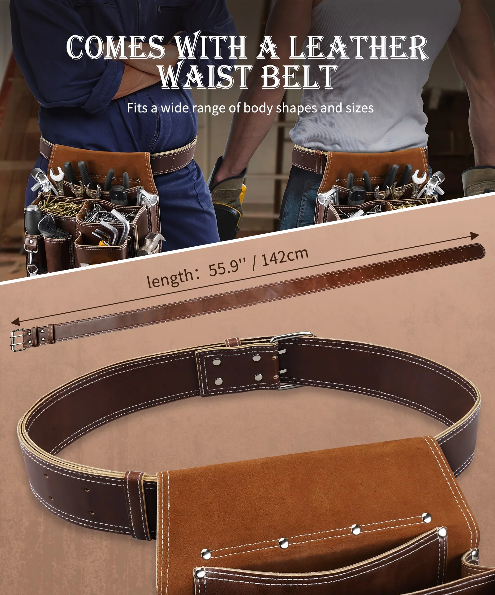 ARCFOX Vintage Leather Tool Pouch Bag with Belt 10 Pockets with Large Compartment Utility Pouches for Mechanics Electricians - Image 10