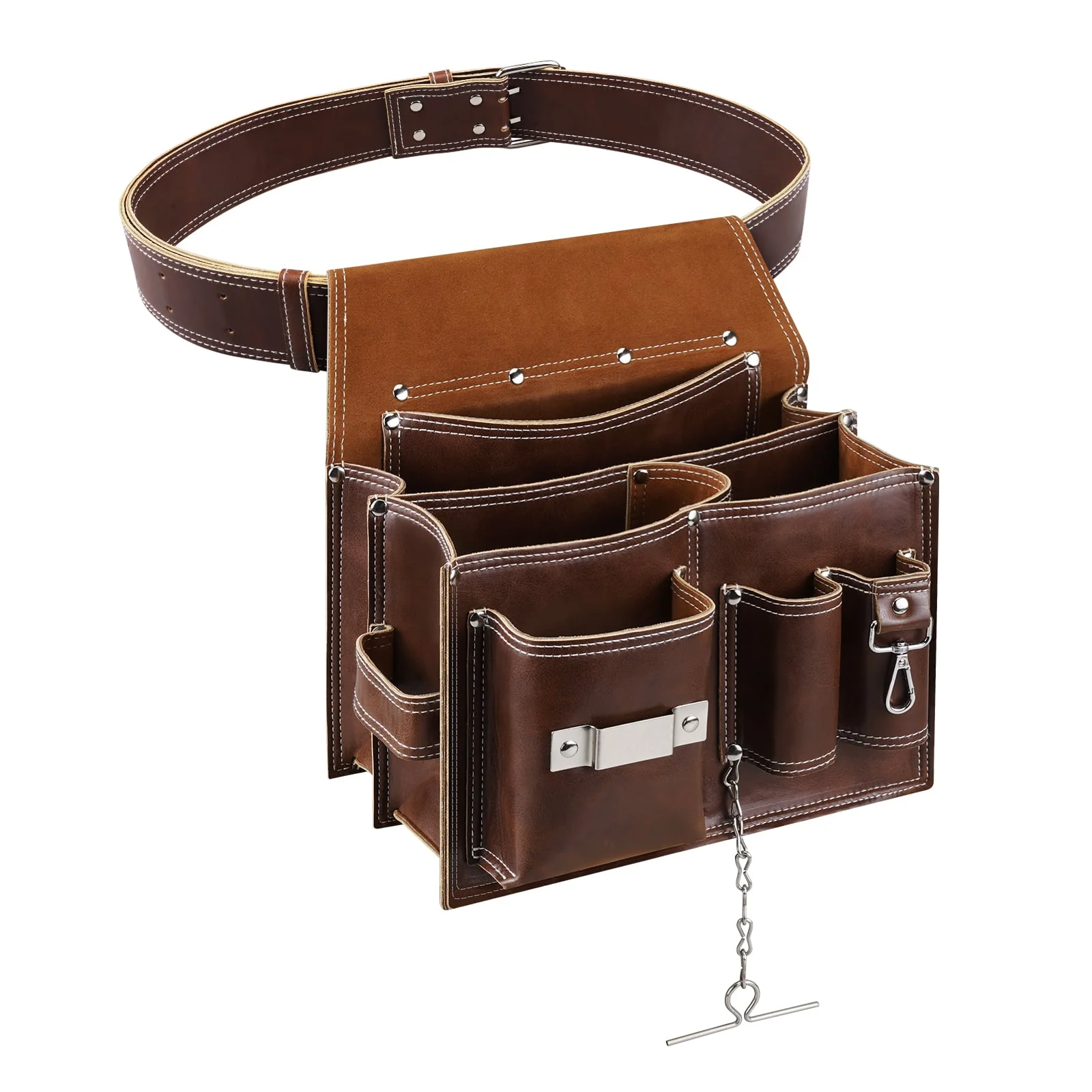 ARCFOX Vintage Leather Tool Pouch Bag with Belt 10 Pockets with Large Compartment Utility Pouches for Mechanics Electricians - Image 4