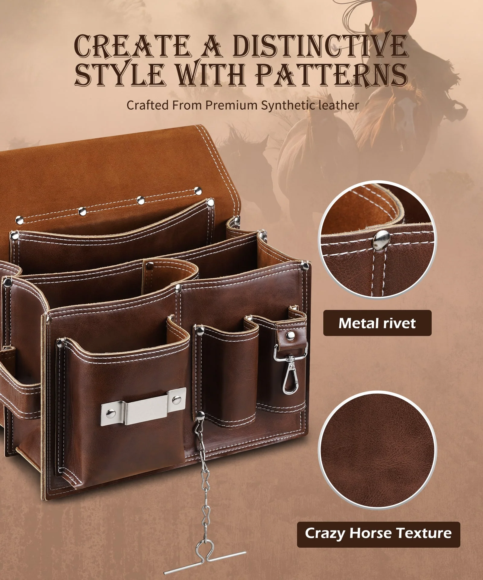 ARCFOX Vintage Leather Tool Pouch Bag with Belt 10 Pockets with Large Compartment Utility Pouches for Mechanics Electricians - Image 6