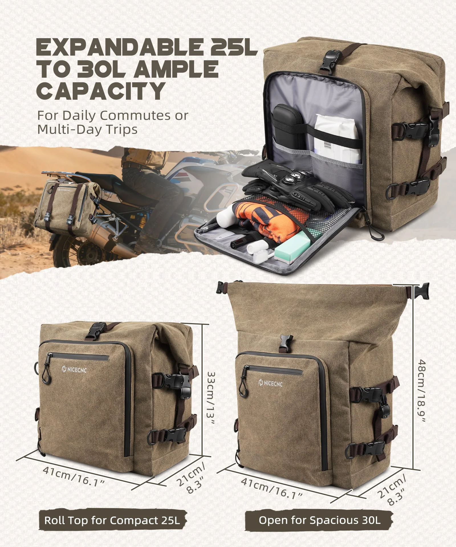 Cotton Canvas 30L Quick-Release Motorcycle Rear Luggage Pannier Rack Saddle Bag Waterproof - Image 3
