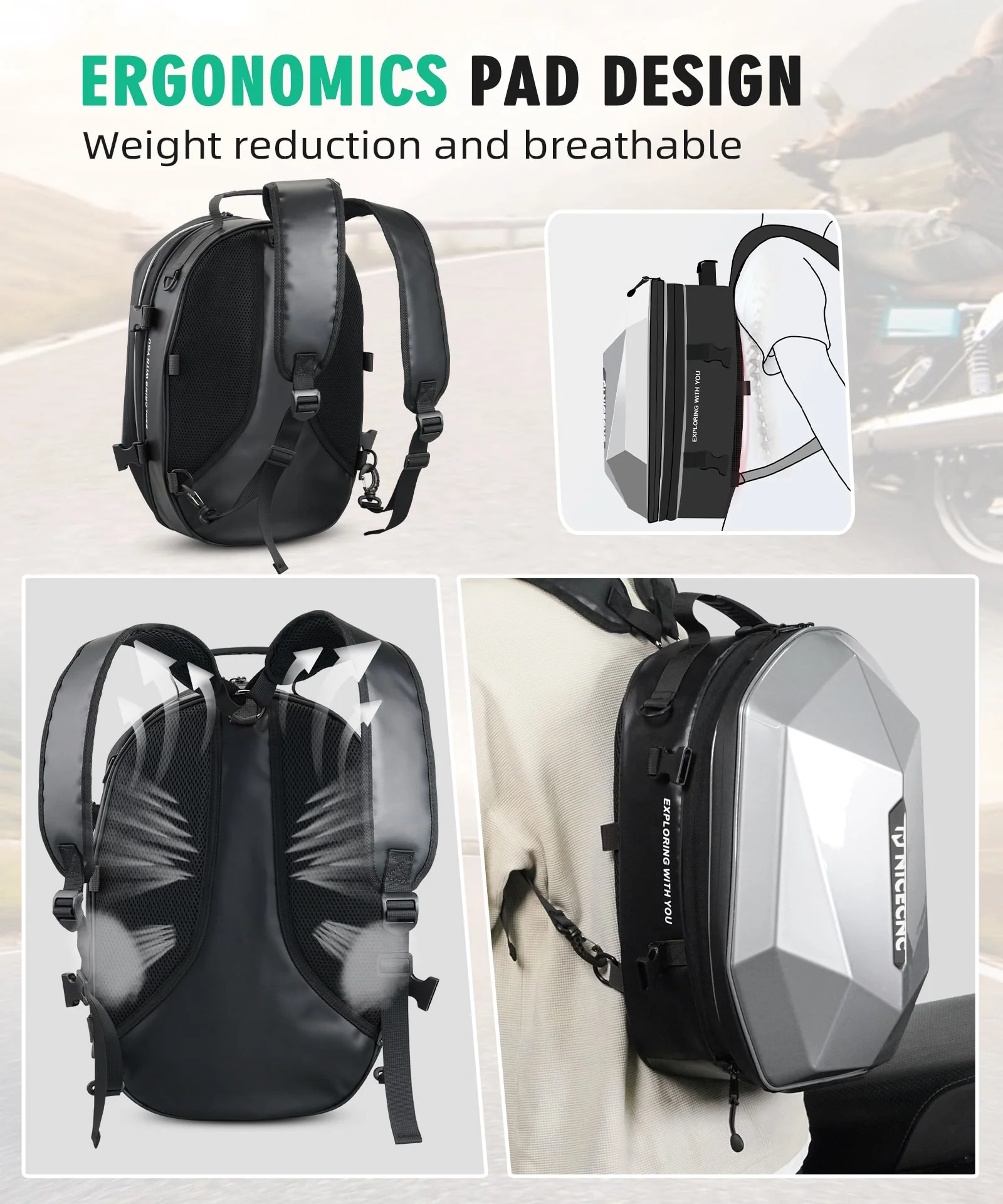 Motorcycle Backpack Hardshell 38L Expandable Tail & Helmet Bag - Image 9