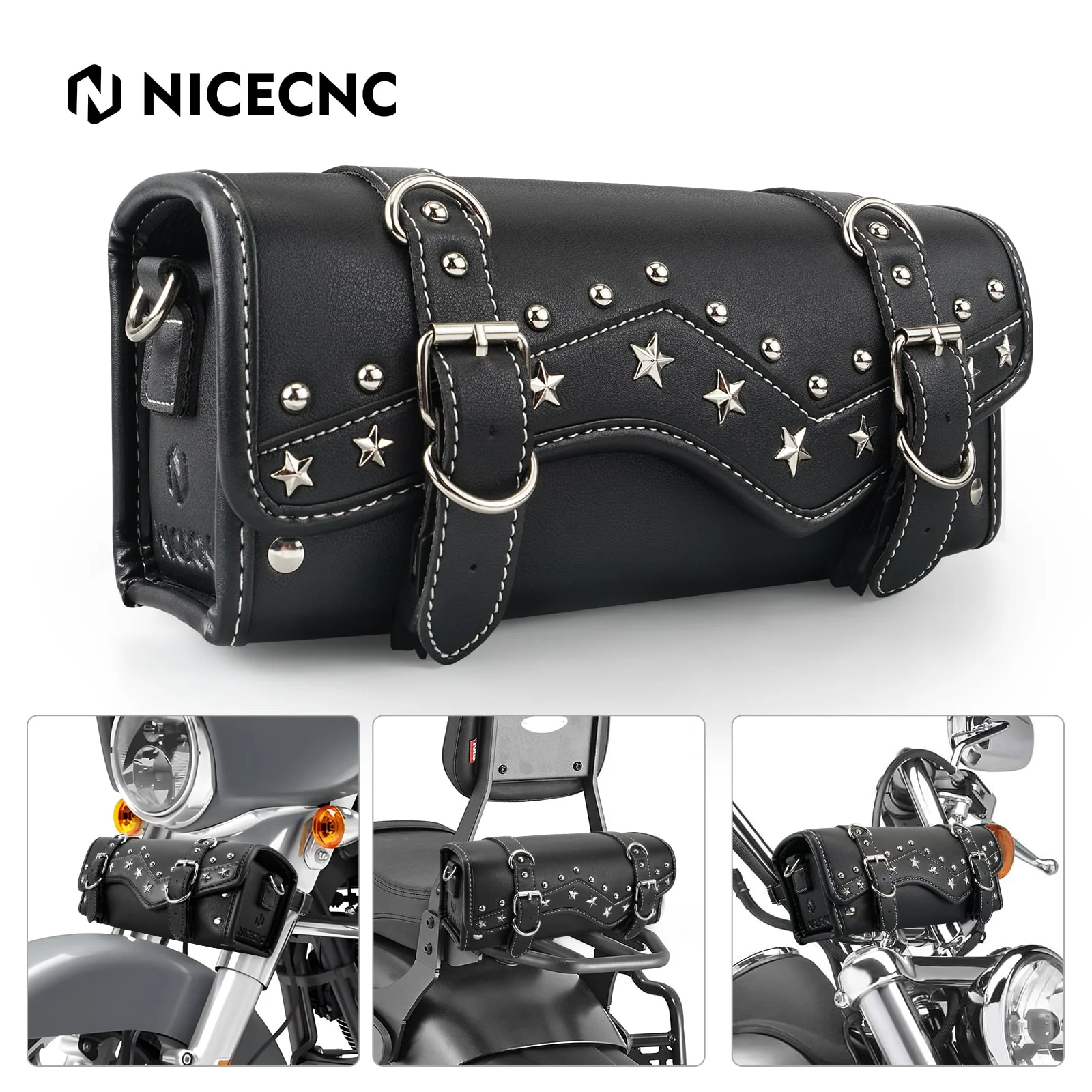 Motorcycle Handlebar Bag Star Rivet Cowhide Texture PU leather - Image 11