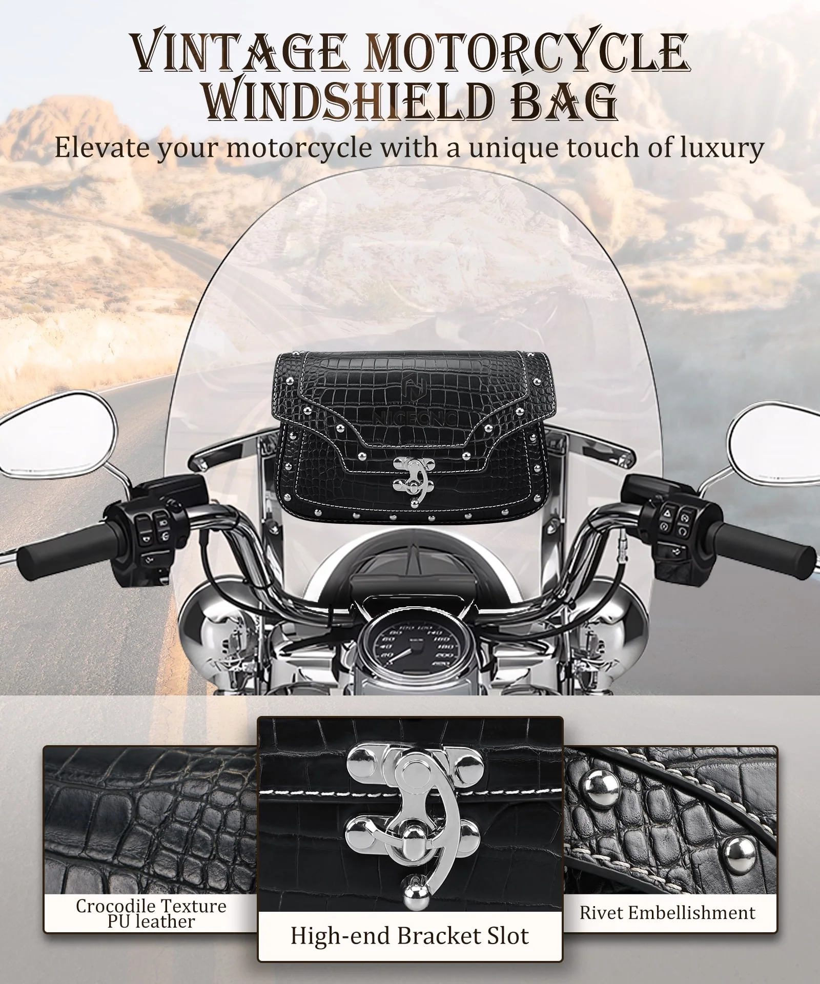 Motorcycle Windshield Bag Vintage Crocodile Texture PU Leather For Harley Davidson Road King 1995-2024 Softail - Image 15