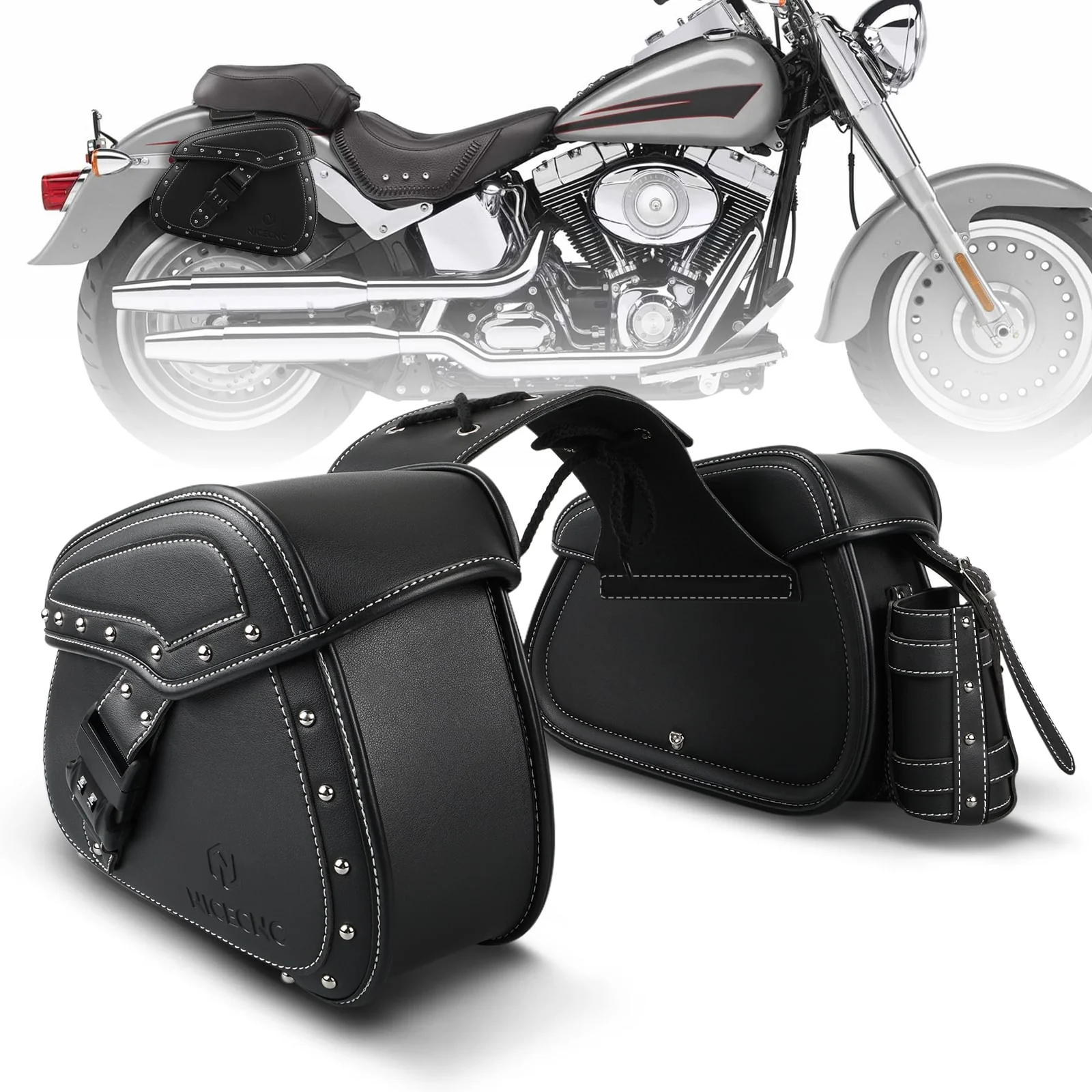PU leather Motorcycle Saddle Bags with Cup Holder & Lock for Universal Motorcycle - Image 3